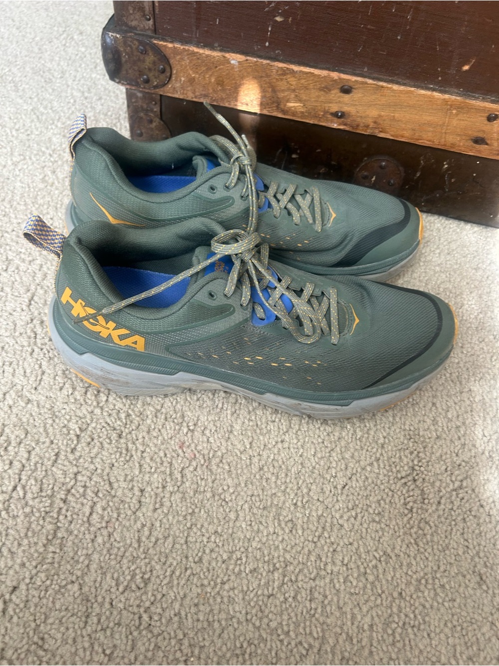 Hoka Men's Trail Runners in Olive Green with Yellow Accents - Picture 3 of 6
